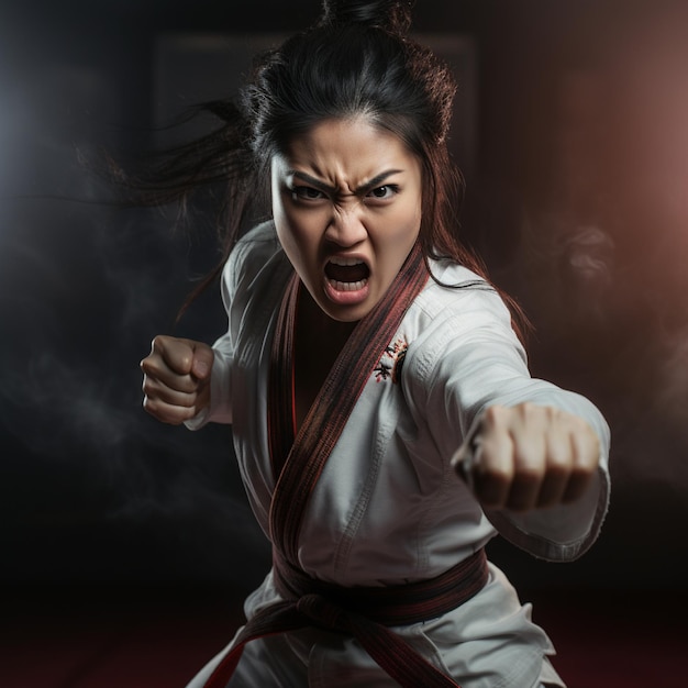 Photo une femme asiatique en colère pendant un combat de jiu-jitsu brésilien.