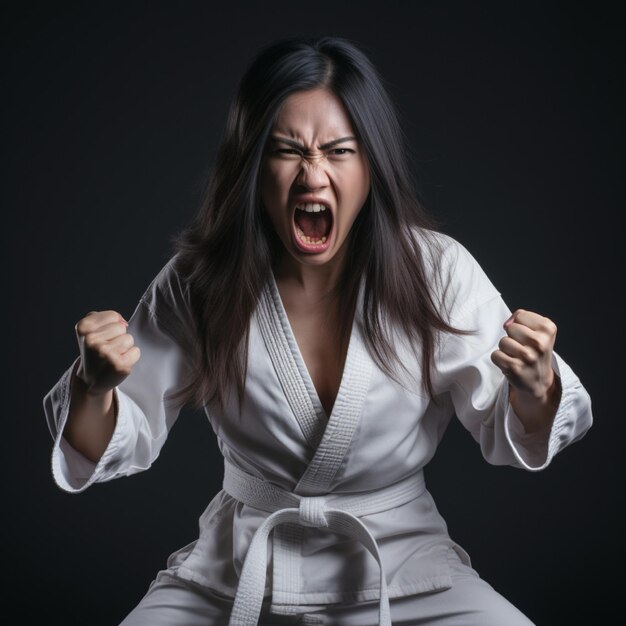 Une femme asiatique en colère pendant un combat de jiu-jitsu brésilien.