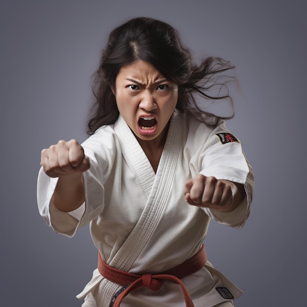 Photo une femme asiatique en colère pendant un combat de jiu-jitsu brésilien.