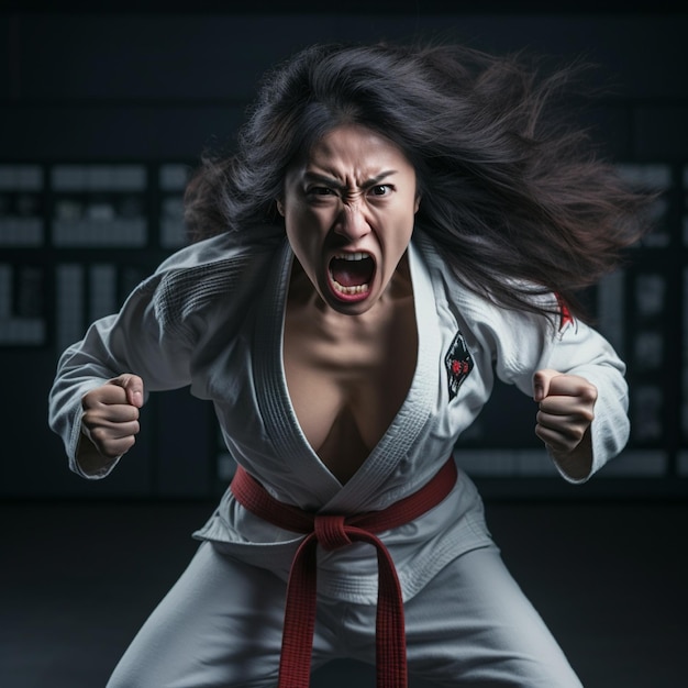 Photo une femme asiatique en colère pendant un combat de jiu-jitsu brésilien.