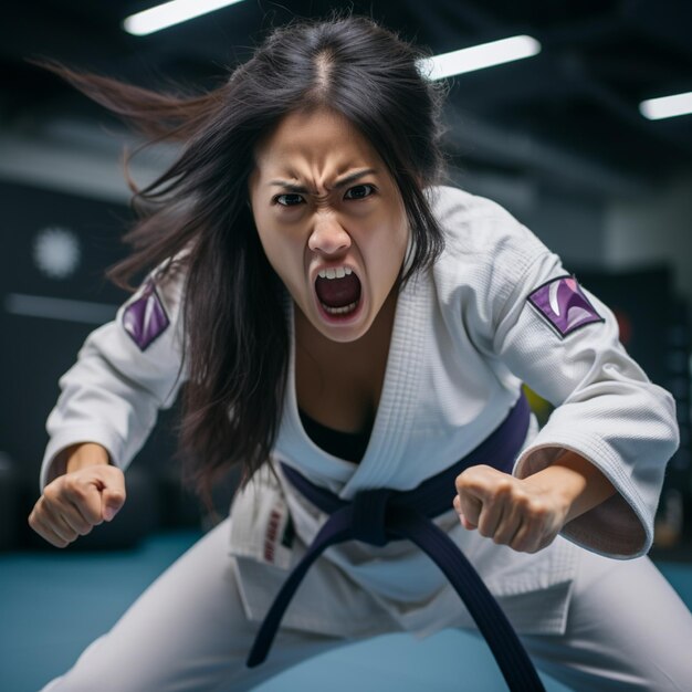 Photo une femme asiatique en colère pendant un combat de jiu-jitsu brésilien.
