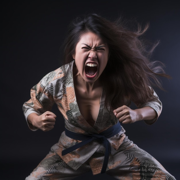 Une femme asiatique en colère pendant un combat de jiu-jitsu brésilien.