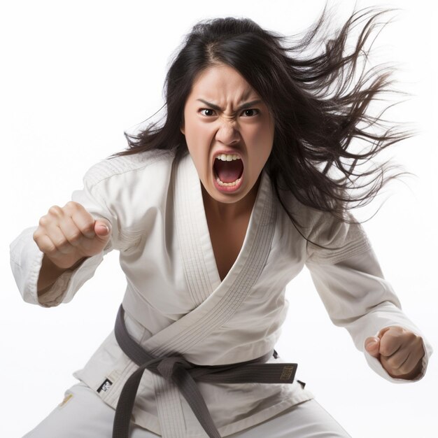 Photo une femme asiatique en colère pendant un combat de jiu-jitsu brésilien.