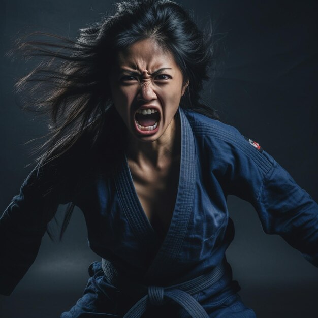 Une femme asiatique en colère pendant un combat de jiu-jitsu brésilien.