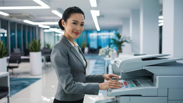 Photo une femme asiatique confiante utilisant un photocopieur au bureau.