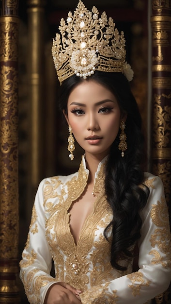 femme asiatique, dans, blanc, et, doré, kebaya