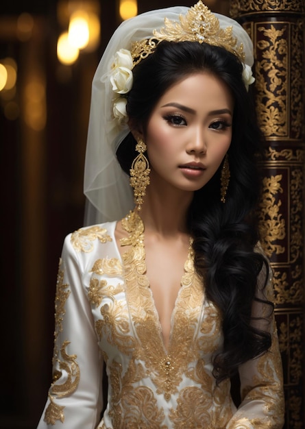 femme asiatique, dans, blanc, et, doré, kebaya