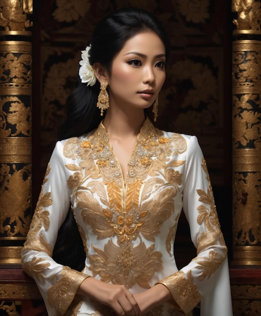 femme asiatique, dans, blanc, et, doré, kebaya