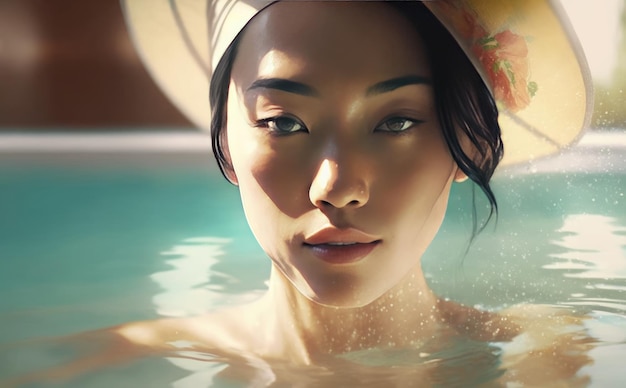 Une femme asiatique dans un chapeau se relaxant dans une piscine avec une vue tropicale.. ai généré