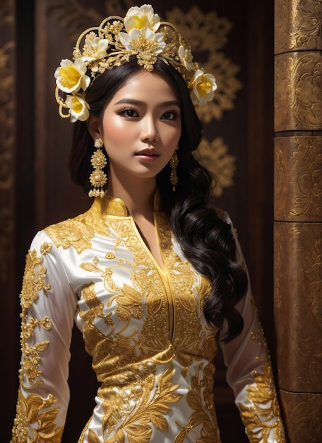 femme asiatique, dans, doré, kebaya