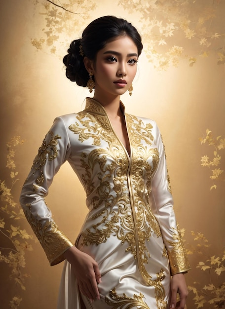 femme asiatique, dans, doré, kebaya