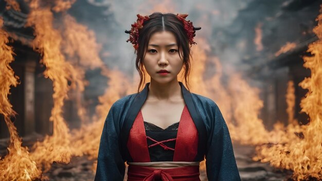 Photo femme asiatique dans les flammes arrière-plan très cool