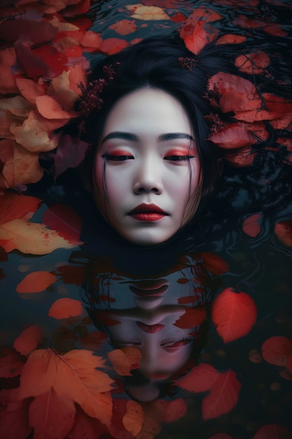 Une femme asiatique dans un plan d'eau entouré de feuilles d'érable rouges maquillage gothique généré par l'IA