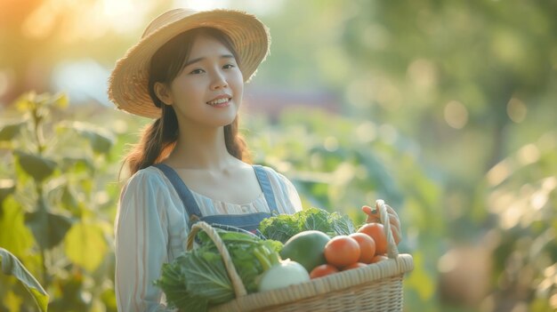 Une femme asiatique debout dans le champ avec un panier de légumes