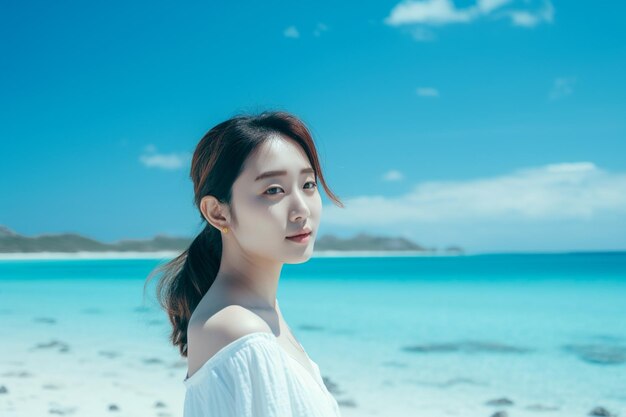 Femme asiatique debout sur la plage avec un ciel bleu