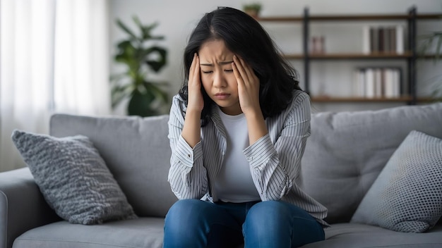 Une femme asiatique déprimée et pleure, stressée par des maux de tête, assise sur le canapé dans le salon de la maison.