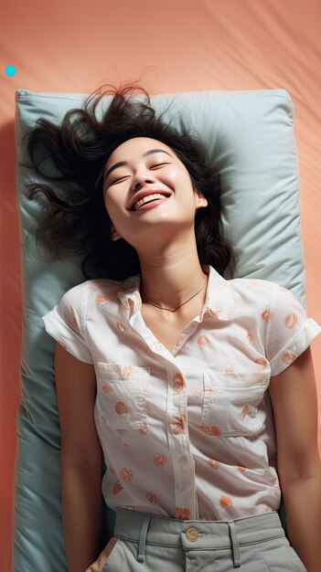 Une femme asiatique dort en souriant sur le matelas.