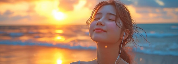 Une femme asiatique avec des écouteurs calme appréciant un beau coucher de soleil sur le rivage tout en prenant l'air frais et la musique.