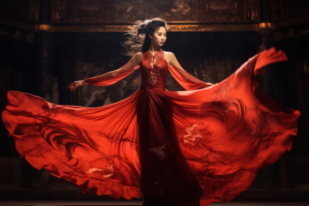 Une femme asiatique élégante dansant dans une longue robe rouge mouvement gracieux