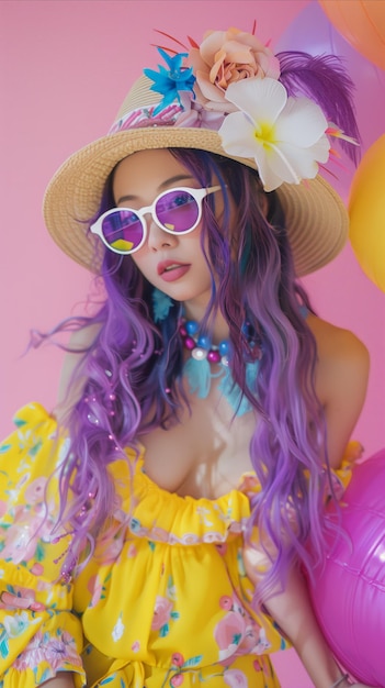 Une femme asiatique élégante avec de longs cheveux violets et un chapeau funky