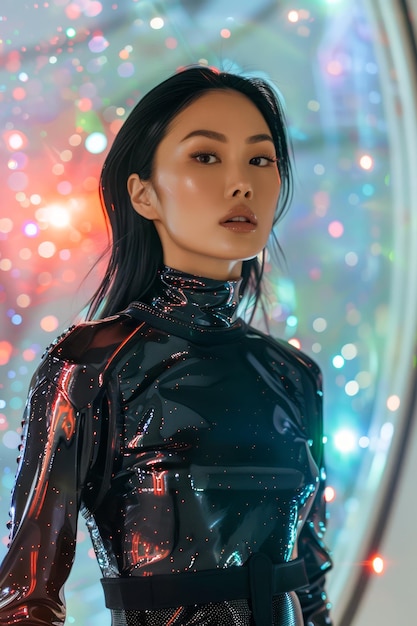 Une femme asiatique élégante en tenue noire brillante avec un fond de lumière colorée Bokeh défoulé