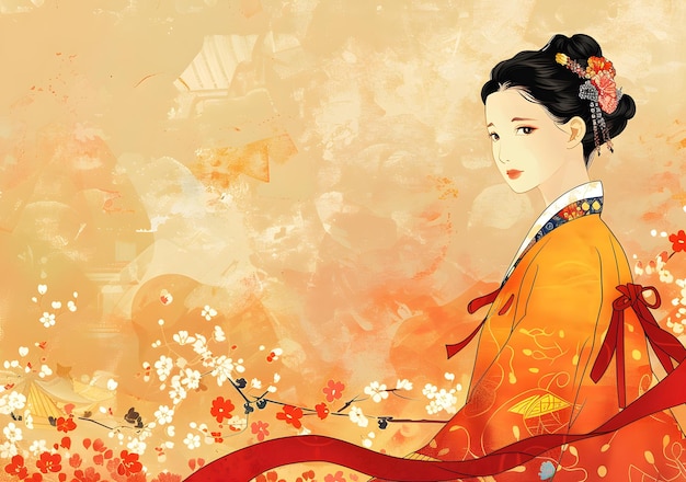 Une femme asiatique élégante en tenue traditionnelle avec des fleurs de cerisier