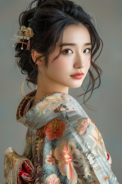 Une femme asiatique élégante en tenue traditionnelle avec des motifs floraux posant avec une expression sereine