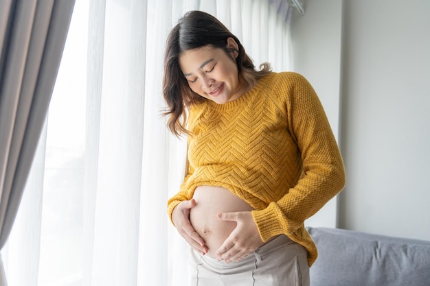 Une femme asiatique enceinte tient les mains sur le ventre en touchant son bébé en se souciant de sa santé Belle femme enceinte heureuse photo d'humeur tendre de la grossesse