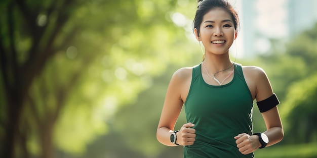 Une femme asiatique en forme et heureuse avec une montre intelligente faisant du jogging dans un parc vert.