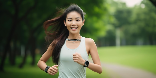 Une femme asiatique en forme et heureuse avec une montre intelligente faisant du jogging dans un parc vert.