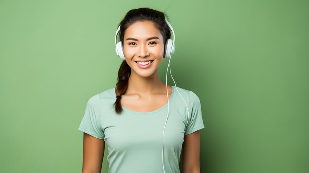 Une femme asiatique heureuse dansant et écoutant de la musique avec des écouteurs sur un fond de vêtements roses