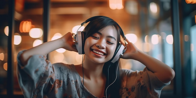 femme asiatique heureuse écoutant de la musique avec des écouteurs sans fil dans un café