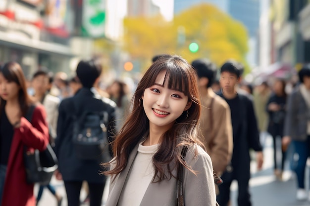 Une femme asiatique heureuse faisant ses courses et traversant le passage piétonnier avec une foule de gens à Shibuya Tokyo au Japon