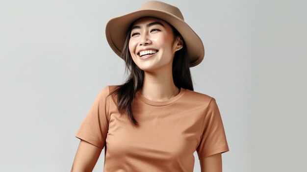 Une femme asiatique heureuse portant un t-shirt brun et un chapeau