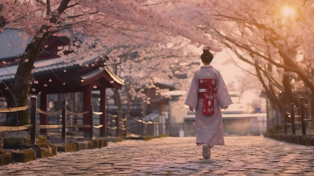 une femme asiatique en kimono japonais se promène sous un cerisier en fleurs
