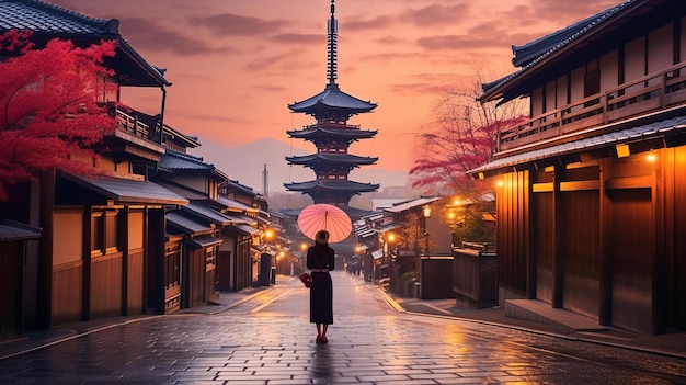 Une femme asiatique en kimono avec un parapluie à Kyoto