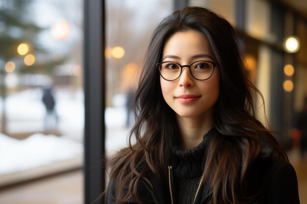 une femme asiatique avec des lunettes debout devant une fenêtre