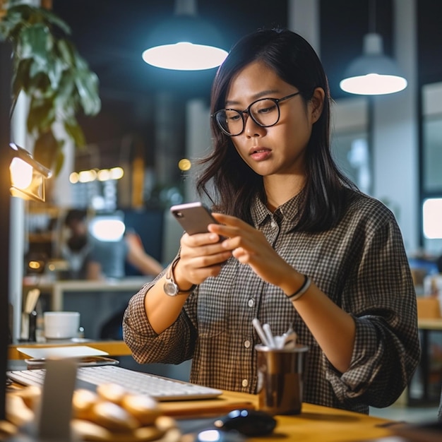 Une femme asiatique malvoyante dans un lieu de travail créatif utilisant des fonctionnalités d'accessibilité vocale sur h