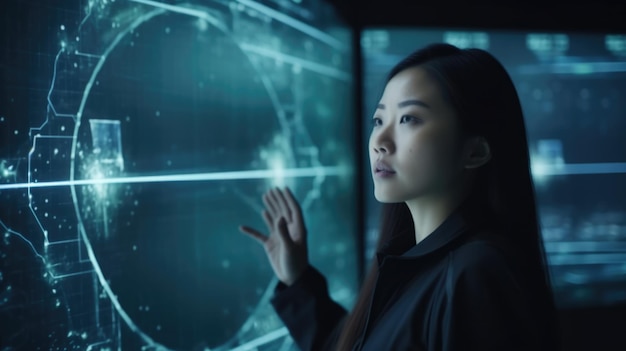 Femme asiatique mature avec curiosité étonnante regardant l'innovation technologique futuriste à affichage numérique holographique Generative AI AIG20