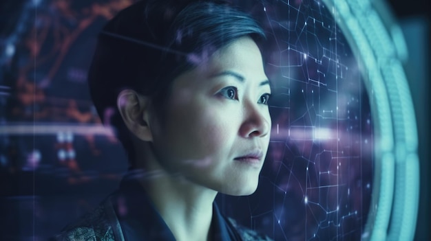 Femme asiatique mature avec curiosité étonnante regardant l'innovation technologique futuriste à affichage numérique holographique Generative AI AIG20