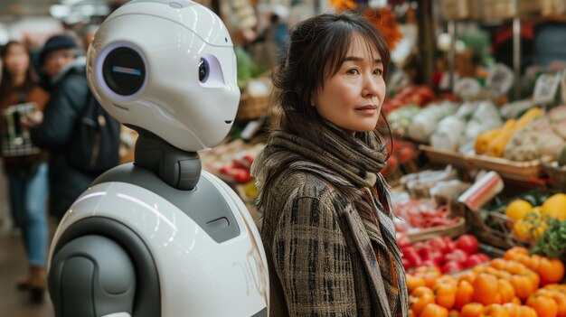 Une femme asiatique mature et son compagnon robot high-tech parcourent les étals du marché en plein air