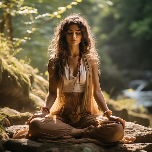 Une femme asiatique méditant dans les bois Yoga forestier Conscience