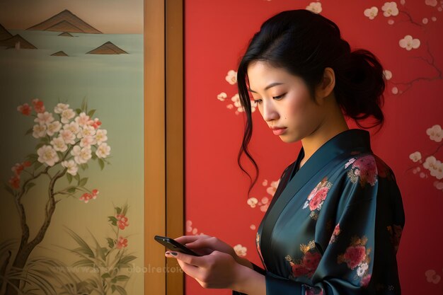 Une femme asiatique moderne en kimono traditionnel vérifie son téléphone intelligent génératif