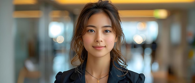 Femme asiatique motivée dans le couloir du bureau souriant à la caméra Photographie de portrait conceptuel Femme professionnelle de bureau Modèle asiatique posant souriante