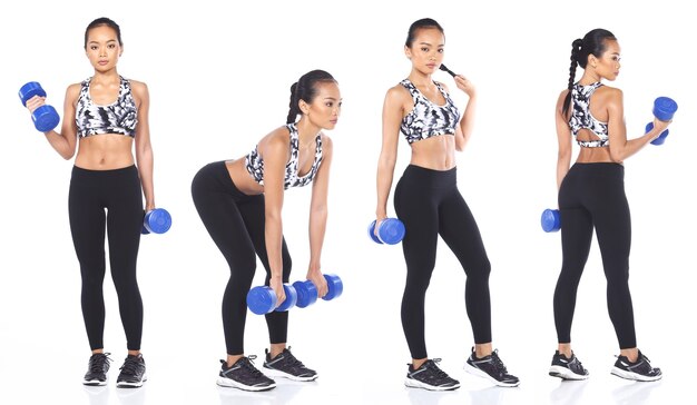 Une femme asiatique à la peau bronzée porte des baskets de pantalons de yoga avec soutien-gorge de sport Fitness avec haltère bleu. Exercice féminin sur toute la longueur et transpiration saine sur fond blanc isolé, concept n'abandonnez jamais