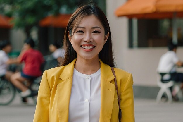 Une femme asiatique portant un blazer jaune souriante