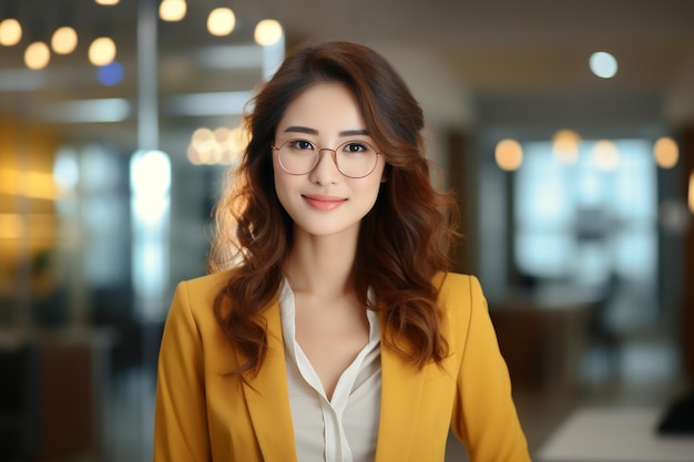 Une femme asiatique portant un blazer jaune souriante