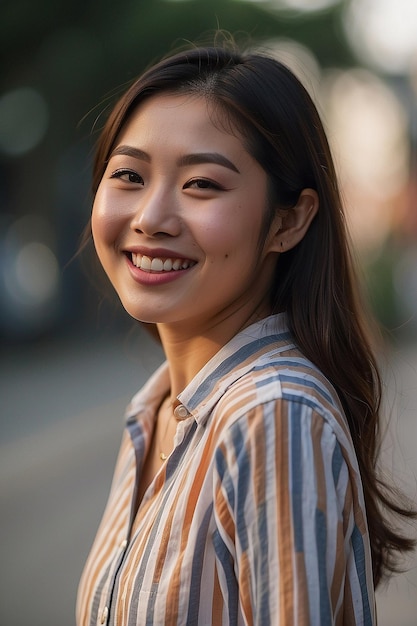 Une femme asiatique portant une chemise rayée souriant sur un fond flou