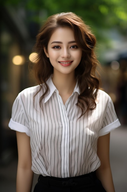 Une femme asiatique portant une chemise rayée souriant sur un fond flou