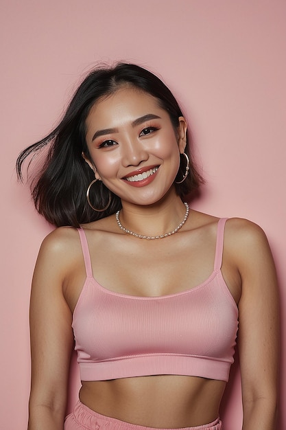 Une femme asiatique portant un crop top rose sourit